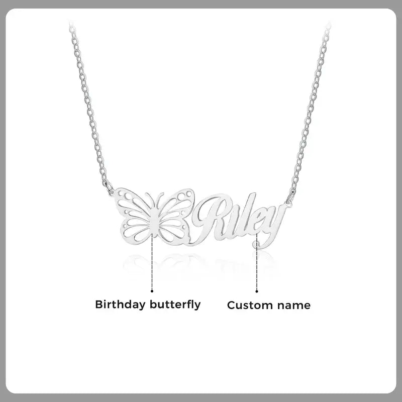 Personalised Butterfly Name Necklace Silver/Gold/Rose Gold, Custom Birth Month Name Necklace, Personalised Name Jewellery, 1-12 Birth Month Butterfly Name Necklace