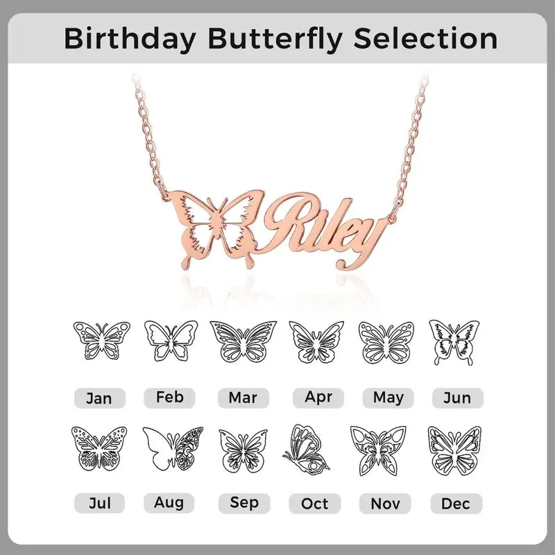 Personalised Butterfly Name Necklace Silver/Gold/Rose Gold, Custom Birth Month Name Necklace, Personalised Name Jewellery, 1-12 Birth Month Butterfly Name Necklace