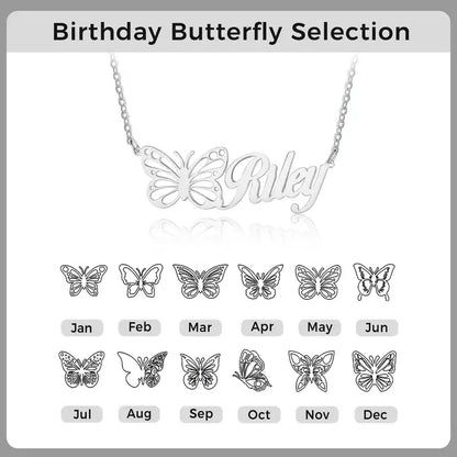 Personalised Butterfly Name Necklace Silver/Gold/Rose Gold, Custom Birth Month Name Necklace, Personalised Name Jewellery, 1-12 Birth Month Butterfly Name Necklace