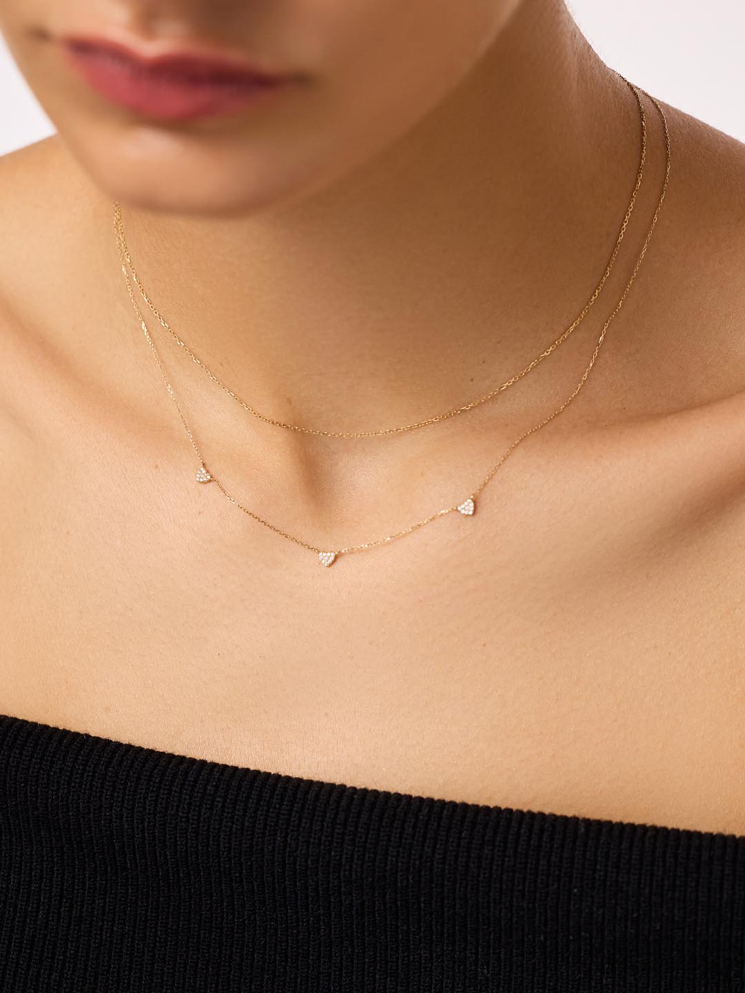 Gold Heart Necklace - Diamond Heart Station Necklace