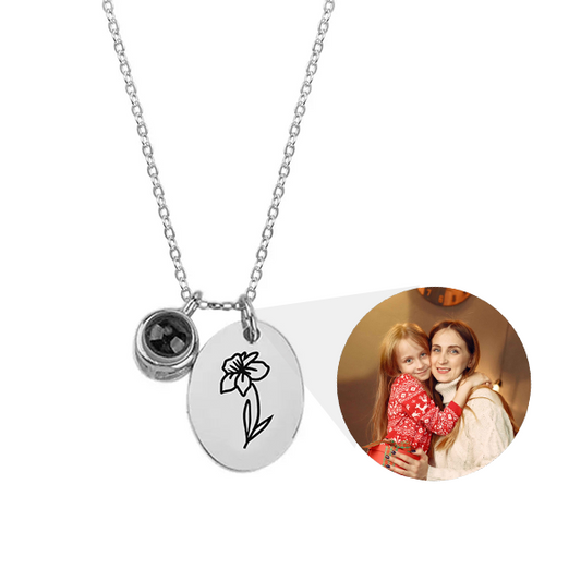 Birth Flower Charm Photo Necklace