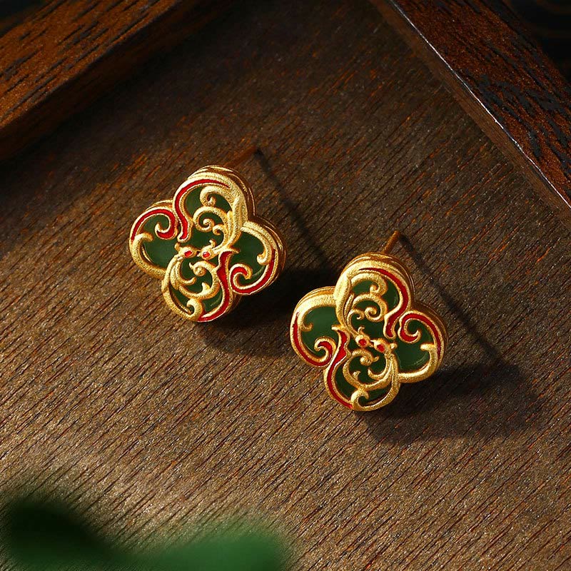 Buddha Stones 925 Sterling Silver Posts Jade Four Leaf Clover Luck Earrings