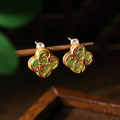 Buddha Stones 925 Sterling Silver Posts Jade Four Leaf Clover Luck Earrings