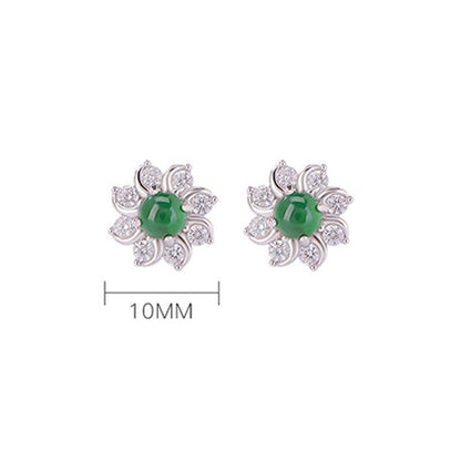 Buddha Stones 925 Sterling Silver Round Jade Flower Prosperity Earrings