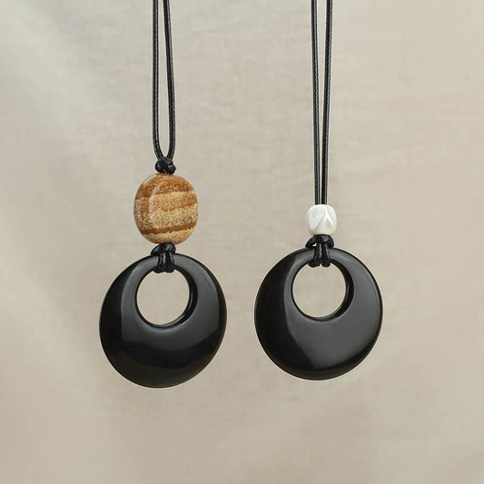 Buddha Stones Black Obsidian Liuli Picture Stone Copper Fulfilment Necklace Pendant