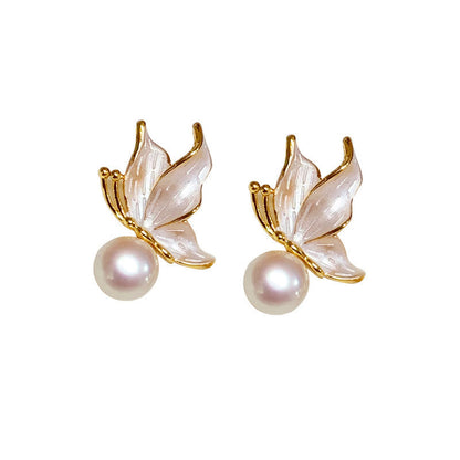 Buddha Stones 925 Sterling Silver Posts Copper Plated Gold Natural Pearl Bead Butterfly Wisdom Stud Earrings