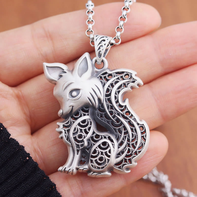 Tibet 999 Sterling Silver Fox Pattern Two-sided Blessing Necklace