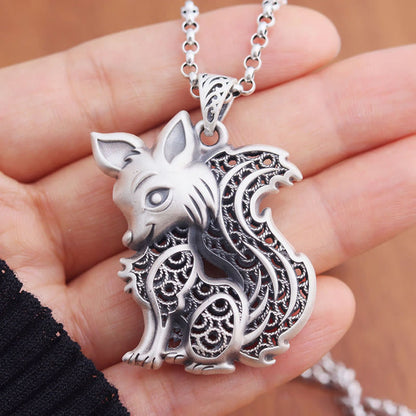 Tibet 999 Sterling Silver Fox Pattern Two-sided Blessing Necklace