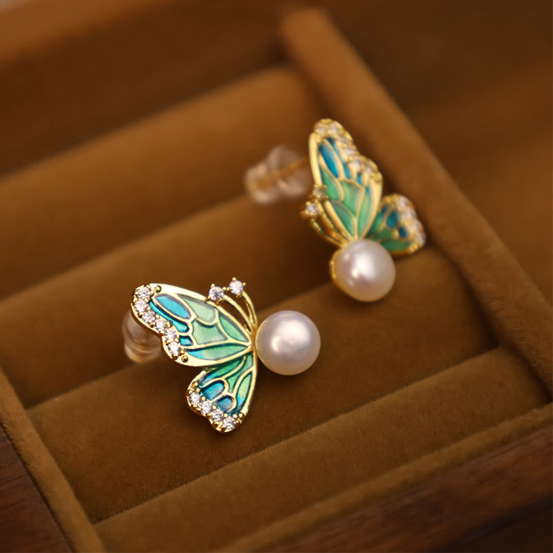 Buddha Stones 925 Sterling Silver Posts 18K Gold Plated Copper Natural Pearl Butterfly Healing Stud Earrings