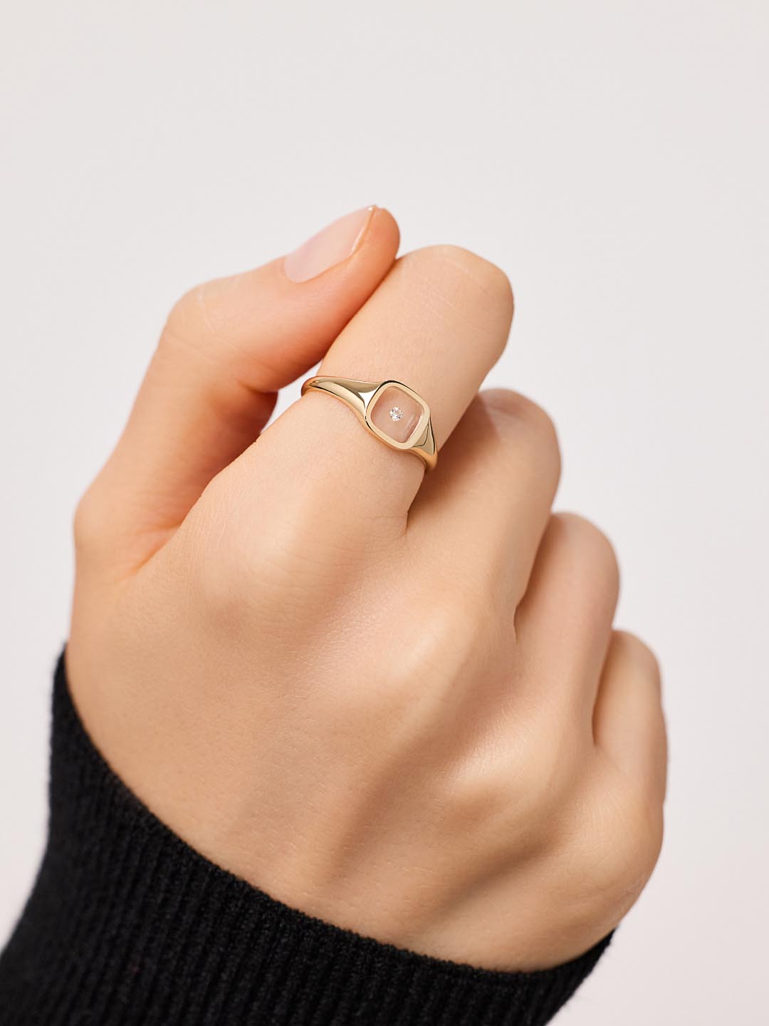 Solid Yellow Gold - Floating Diamond Signet Ring