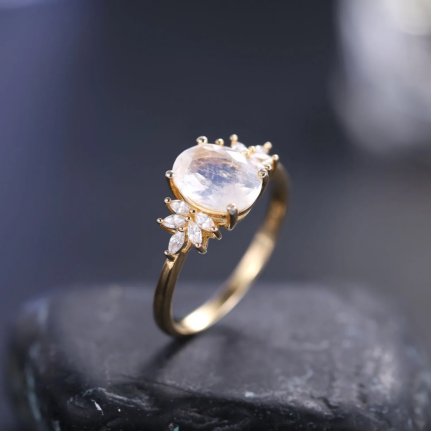 Oval Cluster Moonstone Engagement Ring