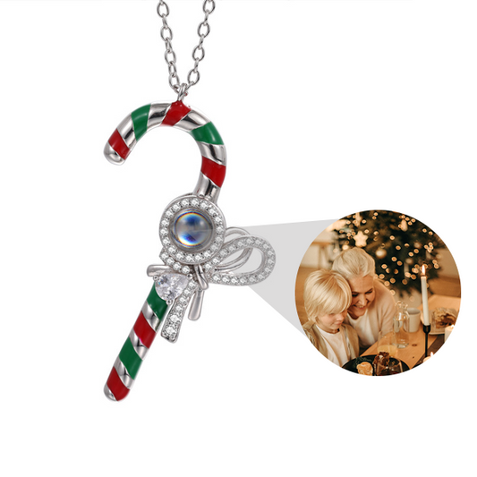 Personalized Christmas Gift Candy Cane Pendant Necklace With Photo Inside