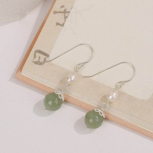 Buddha Stones 925 Sterling Silver Natural Pearl Jade Wisdom Earrings