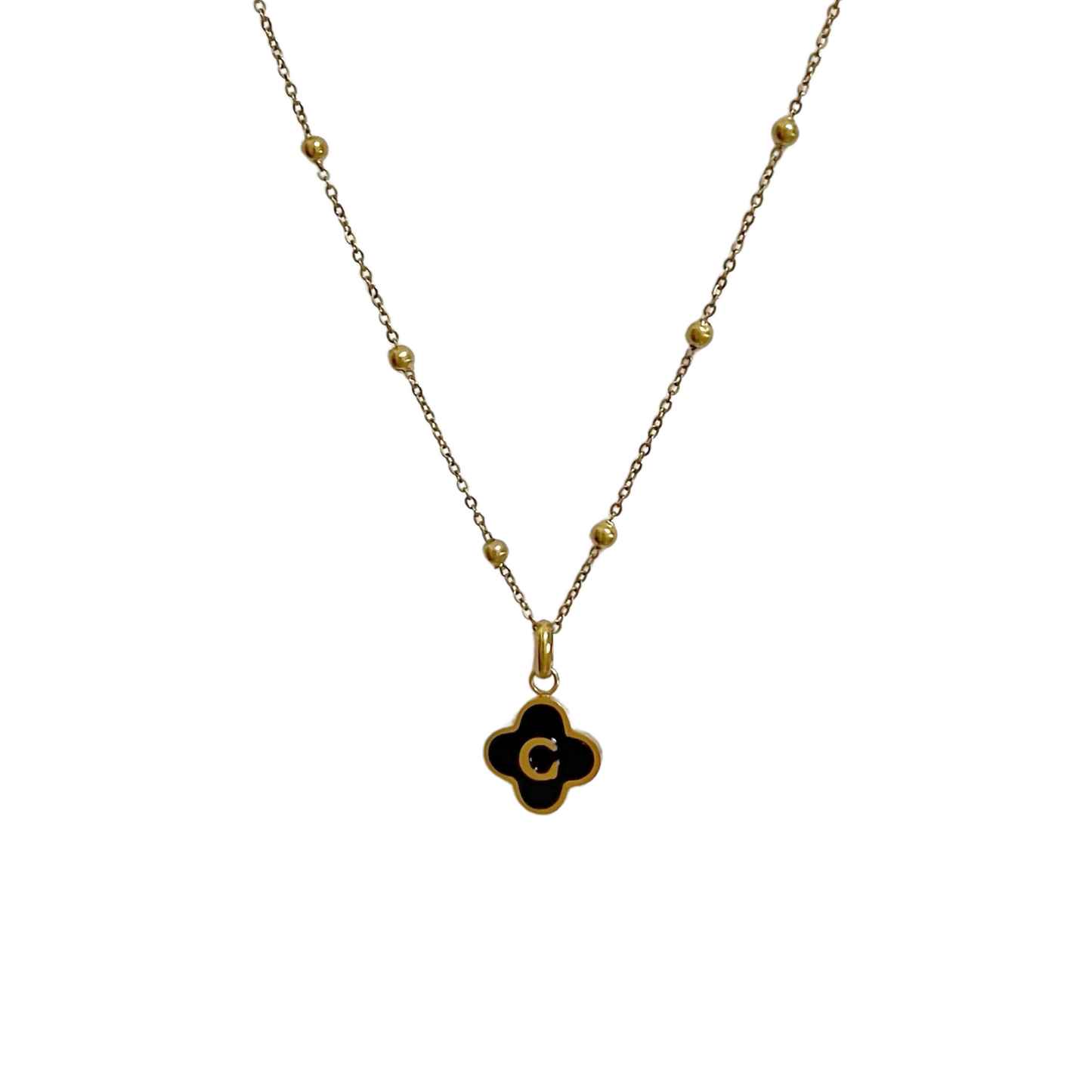 Black Onyx Clover Initial Necklace