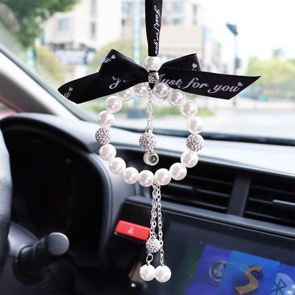 Personalized Photo Bling Bow Tie Pearl Car Mirror Hanging Ornament Accessories