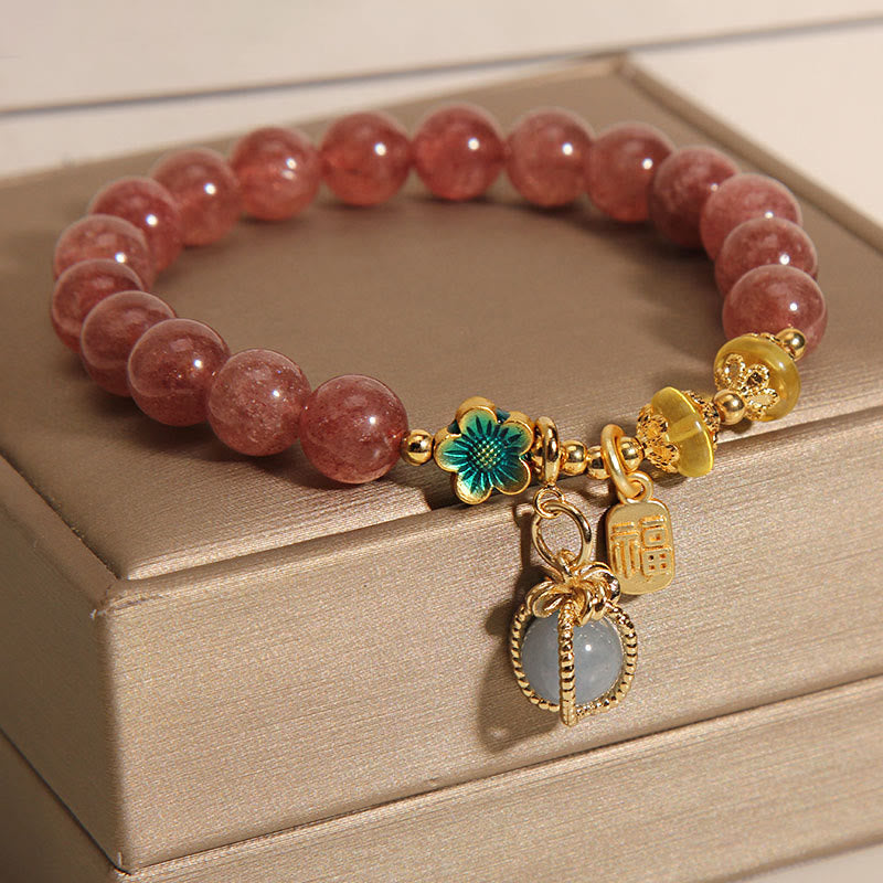 Natural Strawberry Quartz Crystal Aquamarine Fortune Brand Love Bracelet