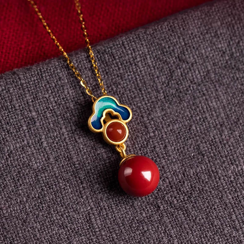 Buddha Stones 925 Sterling Silver Plated Gold Cinnabar Red Agate Blessing Necklace Pendant Earrings Ring Set