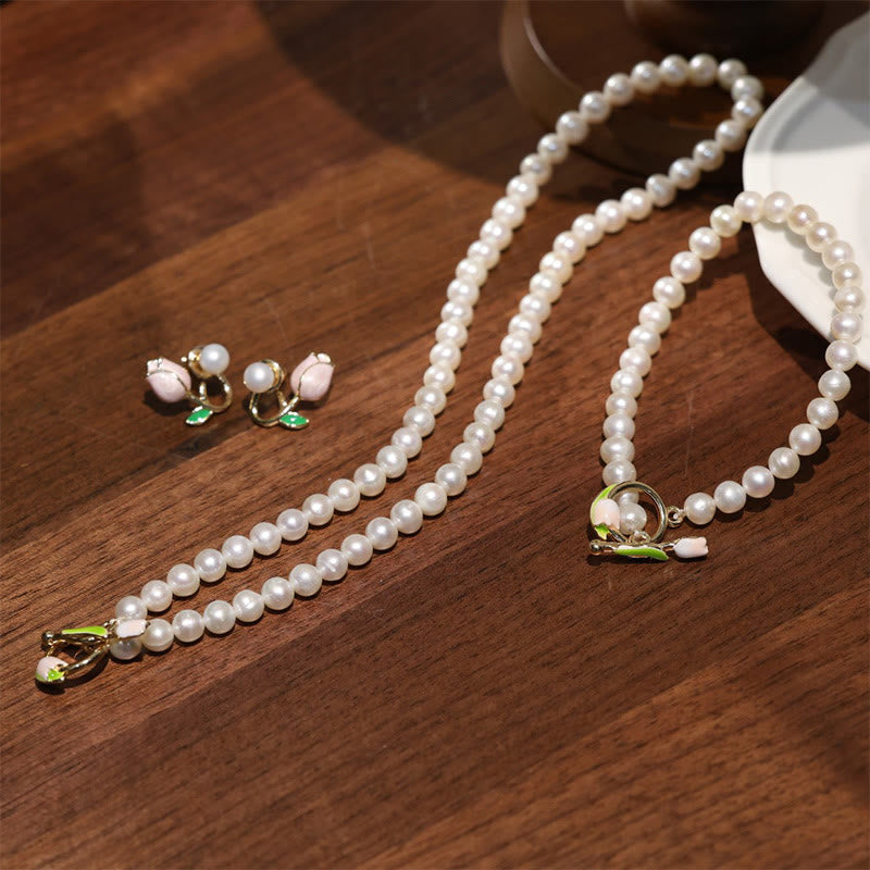 Buddha Stones Natural Pearl Tulip Flower Healing Necklace Pendant Bracelet Earrings Set