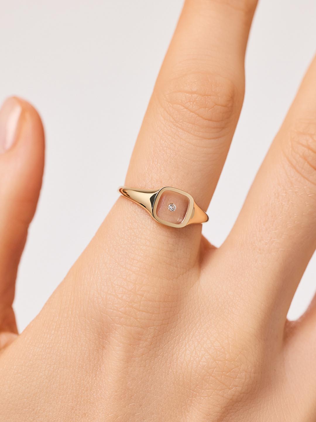 Solid Yellow Gold - Floating Diamond Signet Ring