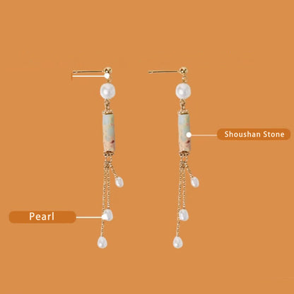 Buddha Stones 925 Sterling Silver Posts Shoushan Stone Pearl Healing Drop Earrings