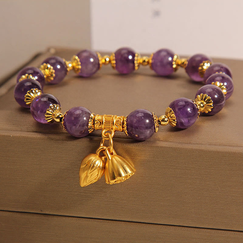 Buddha Stones Natural Amethyst Lotus Healing Spiritual Bracelet