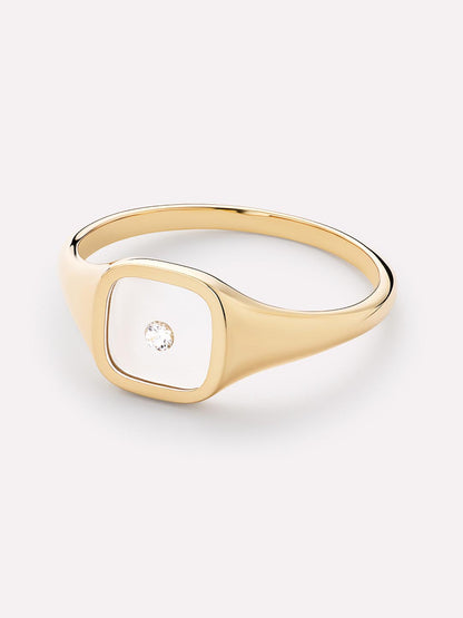 Solid Yellow Gold - Floating Diamond Signet Ring