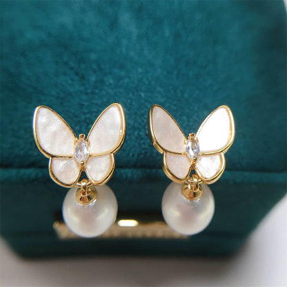 Buddha Stones 925 Sterling Silver Posts 18K Gold Plated Copper Pearl Butterfly Optimism Stud Earrings