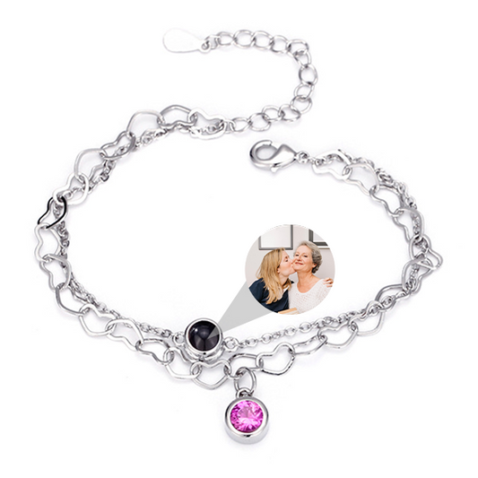 Personalized Photo Heart Chain Bracelet With  Birthstone