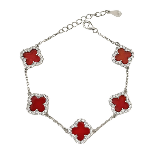 Sterling Silver Diamond Red Carnelian Clover Bracelet