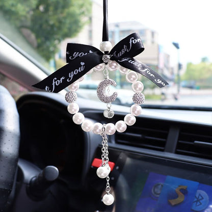 Personalized Photo Bling Bow Tie Pearl Car Mirror Hanging Ornament Accessories