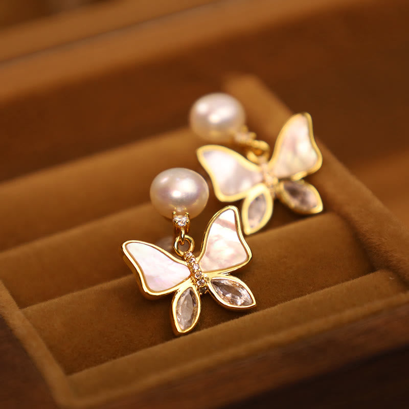 Buddha Stones 18K Gold Plated Copper Natural Shell Pearl Butterfly Sincerity Stud Earrings