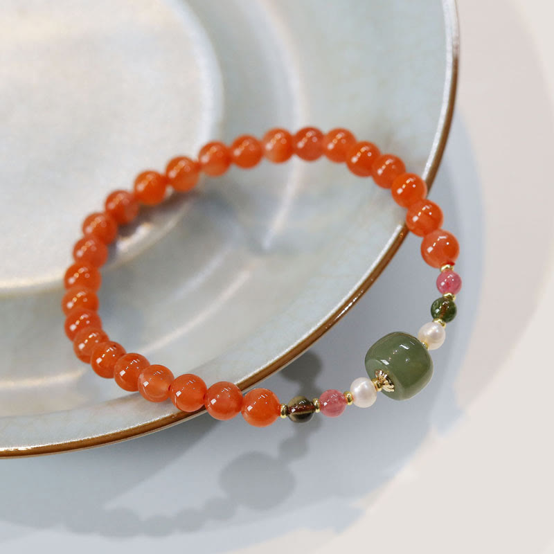 Buddha Stones Natural Red Agate Hetian Jade Bead Confidence Calm Bracelet