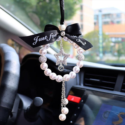 Personalized Photo Bling Bow Tie Pearl Car Mirror Hanging Ornament Accessories