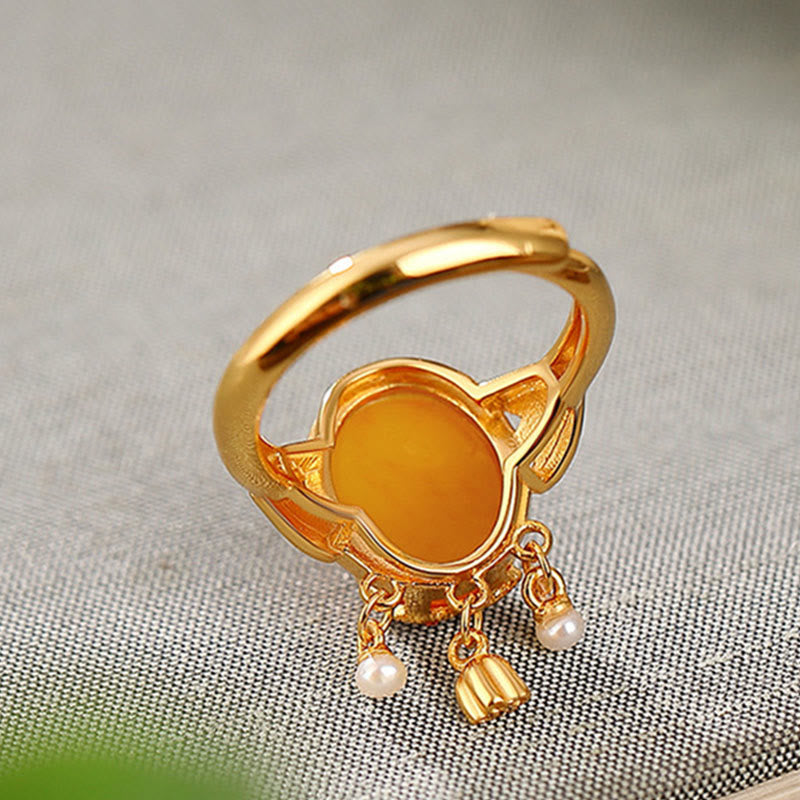 Buddha Stones 925 Sterling Silver Plated Gold Natural Amber Flower Pearl Confidence Ring Earrings Set