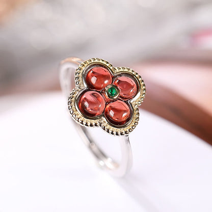 Buddha Stones 925 Sterling Silver Natural Garnet Four-leaf Clover Protection Necklace Pendant Ring