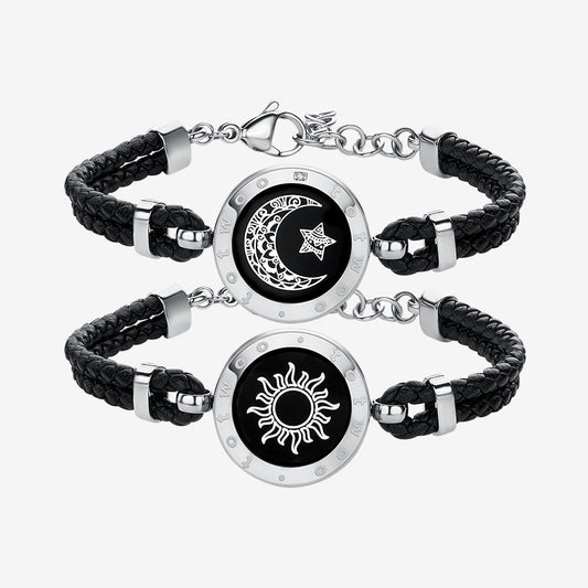 Sun&Moon Touch Bracelets with Braided Leather Rope(Black+Black)