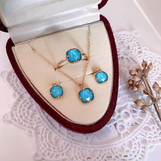 Buddha Stones 925 Sterling Silver Plated Gold Turquoise Protection Ring Earrings Necklace Pendant Set