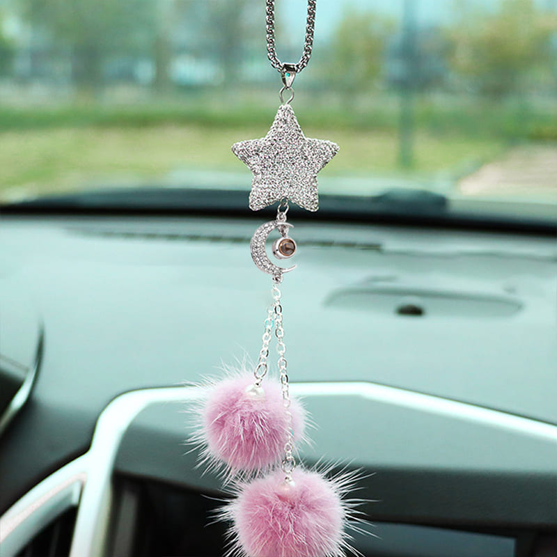 Personalized Crystal Pentagram Car Mirror Ornament with Custom Photo