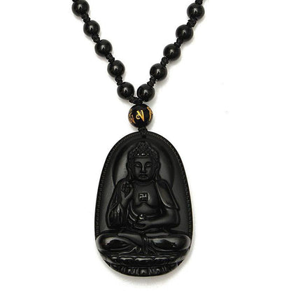 Black Obsidian Buddha Necklace Pendant - Protection & Courage