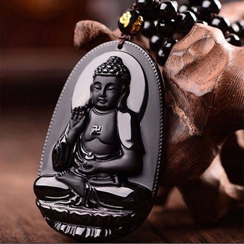 Black Obsidian Buddha Necklace Pendant - Protection & Courage