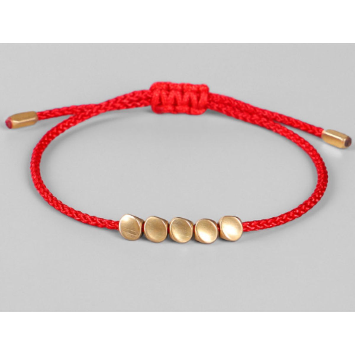 Five Lucky Beads Copper Bracelet - Blue, Gray, Red String