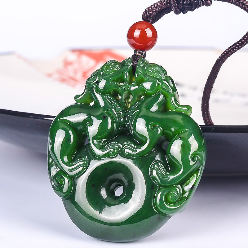 Lucky Double Pixiu Hetian Jade Necklace - Fulfill Dreams & Money Luck