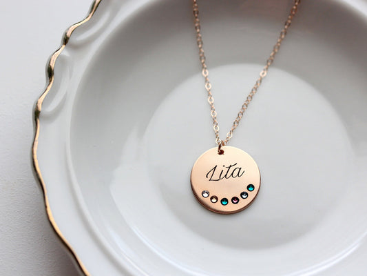 Engraved Disc Necklace with Birthstones