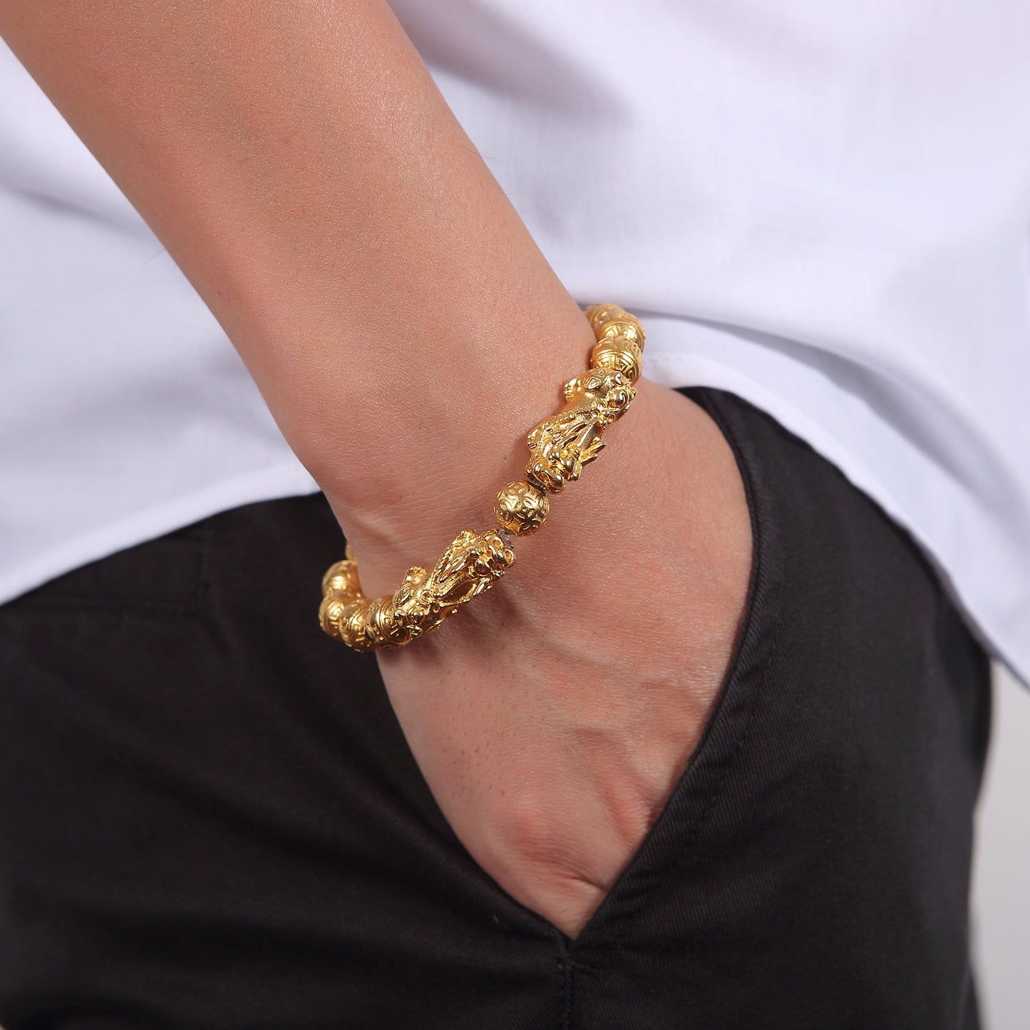 Gold-Colored Copper Pixiu Bracelet - Double Pixiu, Double Your Wealth