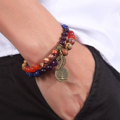 Double-Layered Chakra Beads - Leaf & Tree of Life Charm Bracelet