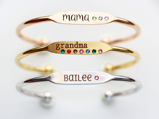 Engraved Flat Top Cuff Bracelet with Birthstones