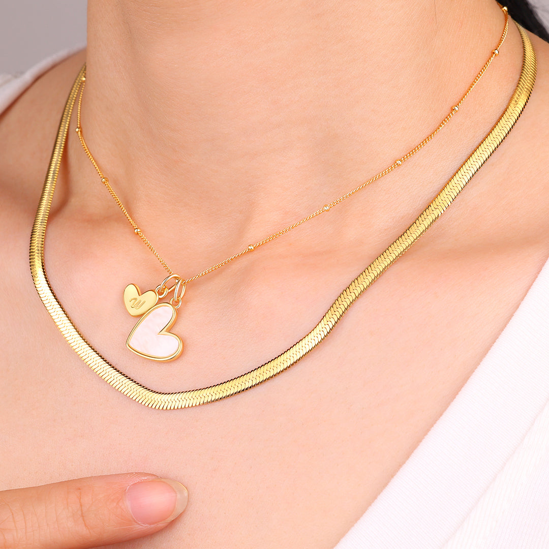 Mother Of Pearl Initial Heart & Herringbone Necklace Set