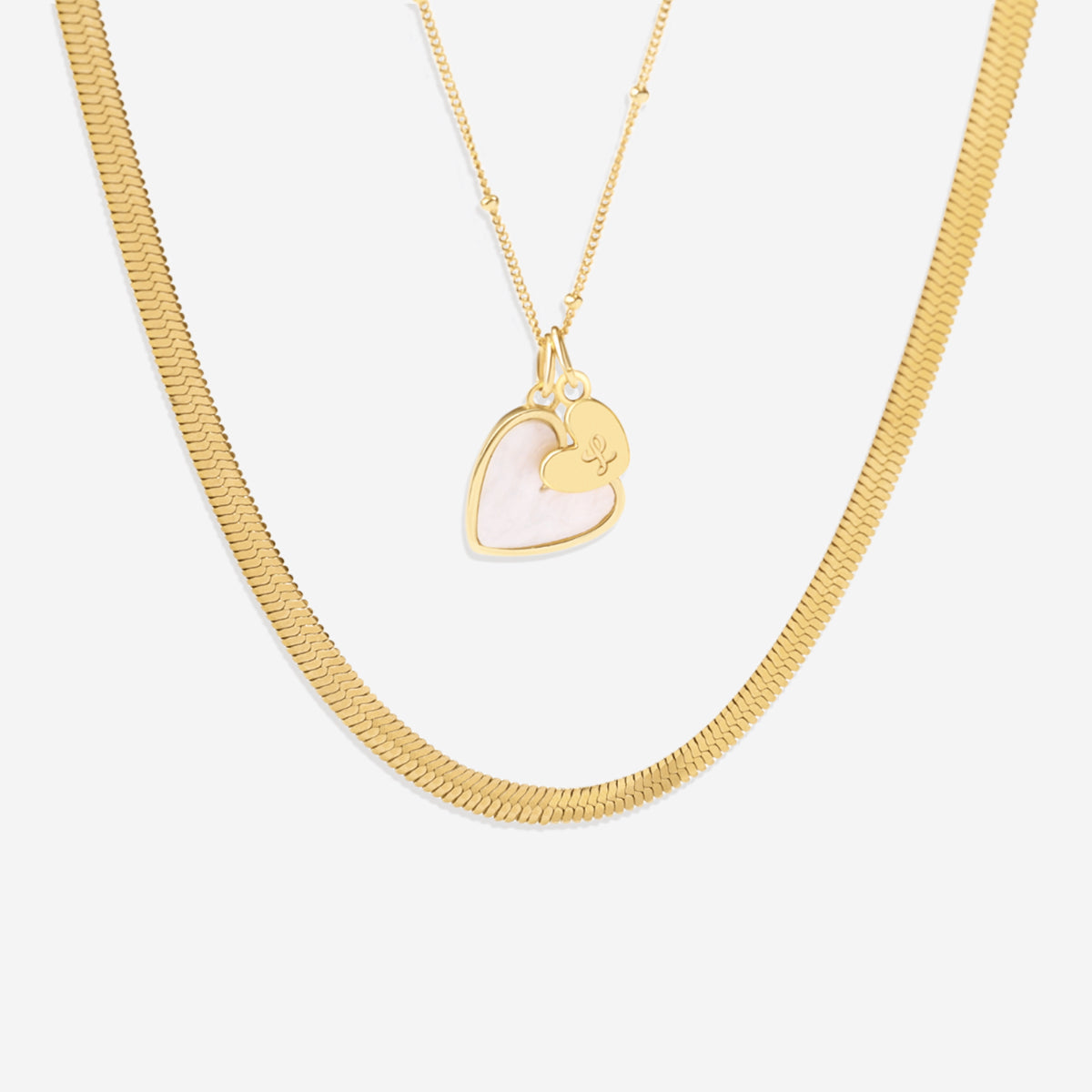 Mother Of Pearl Initial Heart & Herringbone Necklace Set