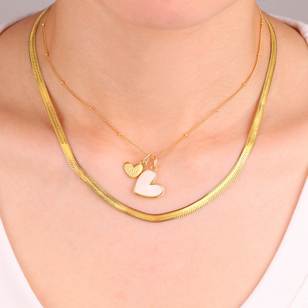 Mother Of Pearl Initial Heart & Herringbone Necklace Set