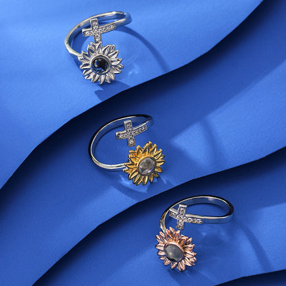 Sunflower & Cross Photo Ring